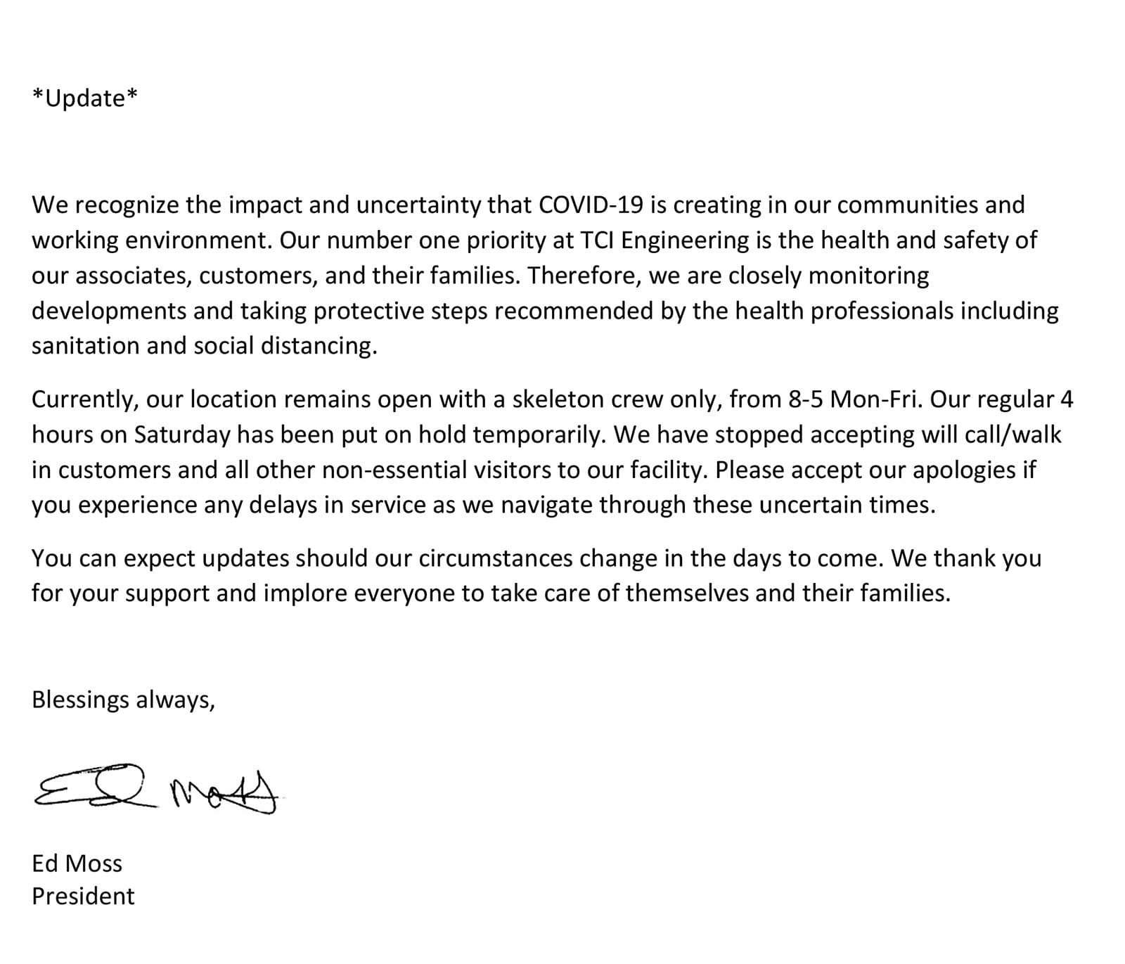 COVID 19-A Message to Our Valued Customers v.3 Update